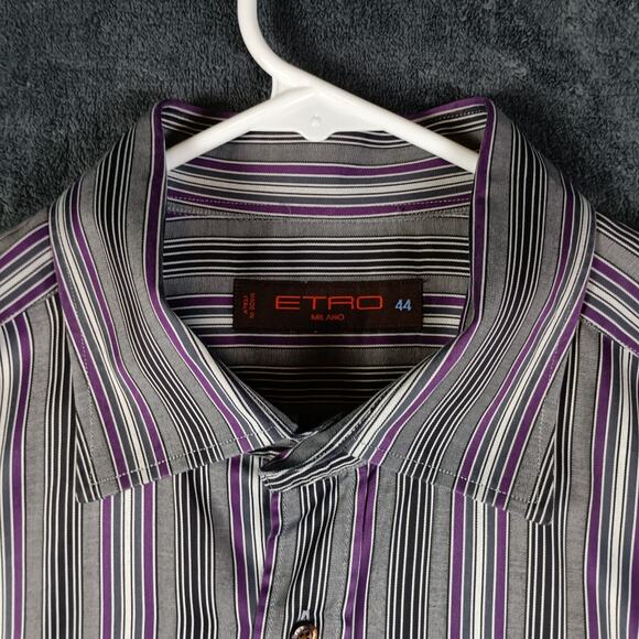 ETRO Milano Shirt Men Size 44 Gray Stripe Flip Cuff - Picture 7 of 10